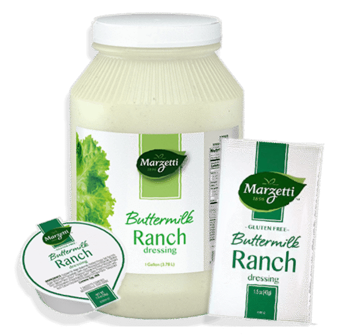 Buttermilk ranch dressing in the different formats Marzetti offers: Gallon, packet and cup.