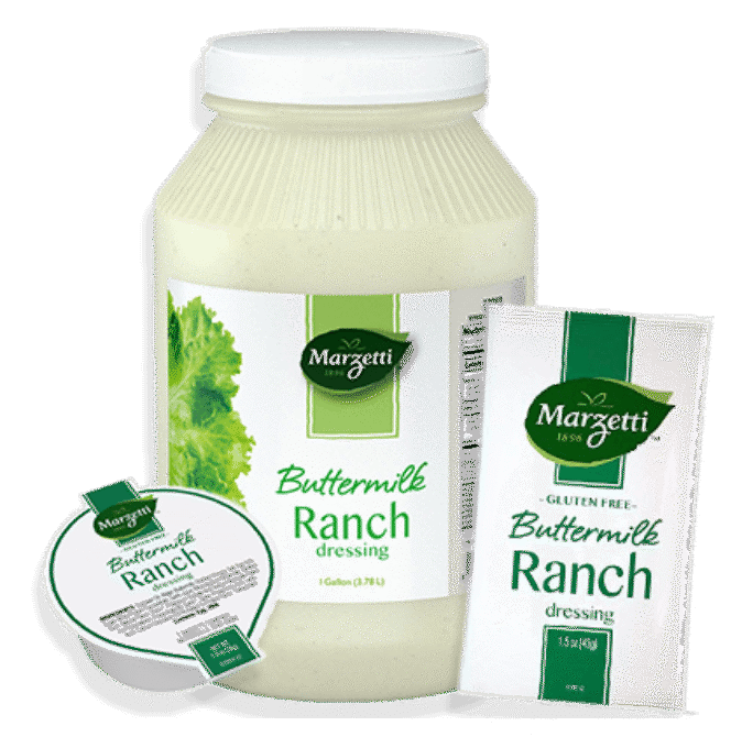 Buttermilk ranch dressing in the different formats T. Marzetti offers: Gallon, packet and cup.